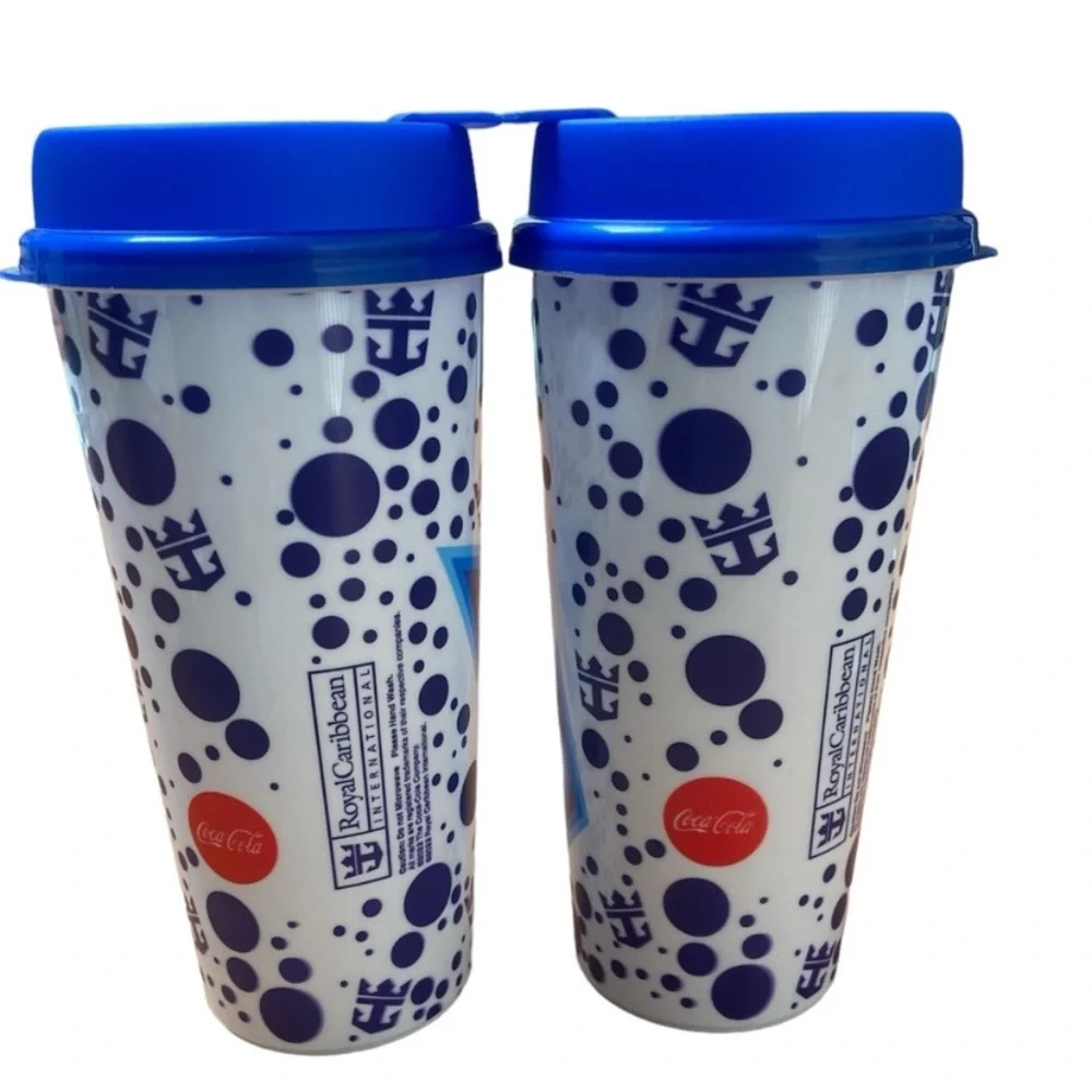 Royal Caribbean SET Cruise Plastic Drink Cups Straw Ready Lids Logo Blue White